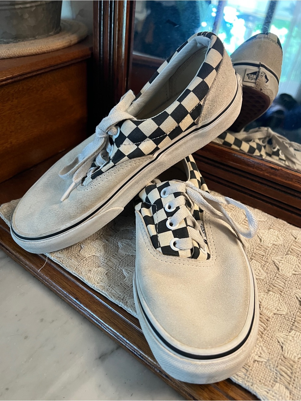 VANS Classic Primary Check Era Canvas Suede Skate Sneakers Black White Wms 6.5